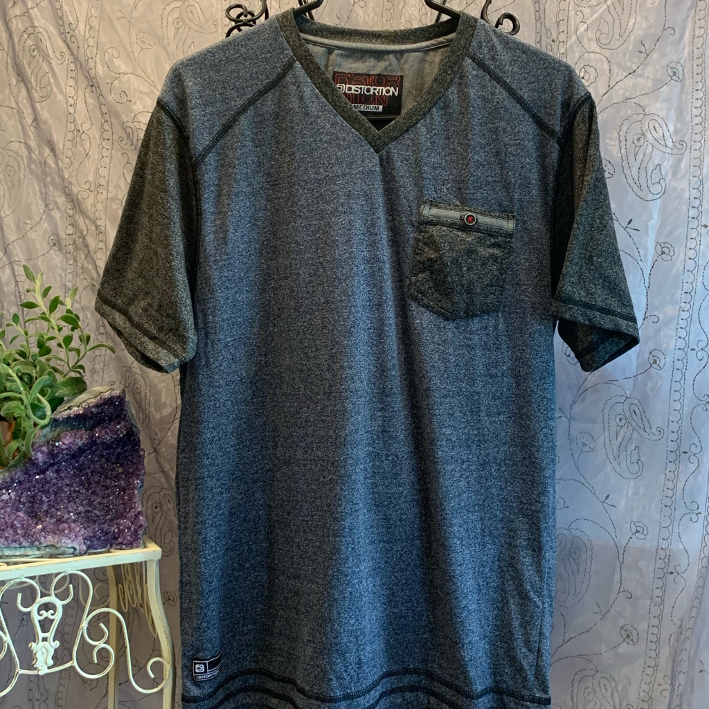 Distortion VNeck TShirt Short Sleeve Tee Buttoned Breast Pocket Industrial